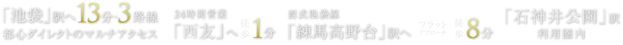 「池袋」駅へ13分・3路線 都心ダイレクトのマルチアクセス 24時間営業「西友」へ徒歩1分 西武池袋線「練馬高野台」駅へフラットアプローチ徒歩8分 「石神井公園」駅利用圏内
